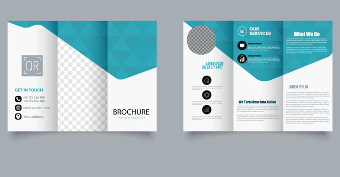 Blue Modern Corporate Trifold Brochure Template with Geometric Design. Ideal for marketing agencies, corporate presentations, and business services.