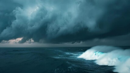 Massive ocean waves crashing under dark storm clouds, perfect for dramatic nature scenes, adventure, or climate visuals.

 - Powered by Adobe