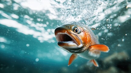 Naklejka premium A dynamic underwater scene features a thrilling brown trout swimming upwards, surrounded by bubbles, capturing the beauty and wonder of aquatic life.