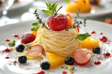 Gourmet plate with spaghetti and fruits, vivid culinary presentation