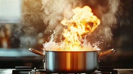 A high-energy scene of boiling water with flames erupting, creating a dynamic contrast, highlighting the interactions between hot and cold elements in cooking.