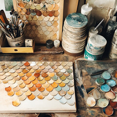 Artistic palette arrangement studio photography creative environment close-up color exploration