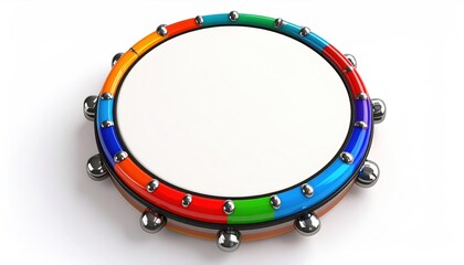 Colorful Tambourine with Metal Jingles on White Background