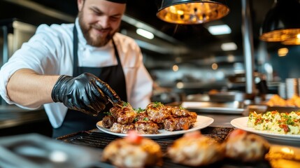 A skilled chef plates beautifully cooked dishes in a modern kitchen environment, illustrating the art of culinary excellence and the joy of sharing great food with all.