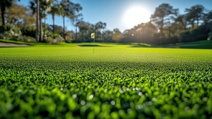 Lush Green Golf Putting Green with Flagstick at Sunset golf green lush sunset flagstick golf course