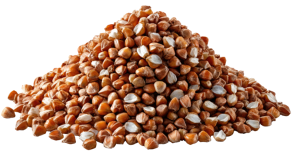 Pile of Buckwheat: A macro-photorealistic depiction of a bountiful pile of buckwheat grains, inviting viewers to appreciate the intricate details, natural textures and rustic charm.