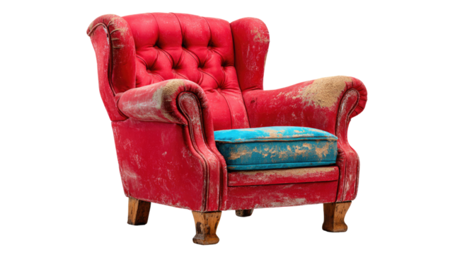 Vintage Armchair's Timeless Aura: An antique red armchair, bearing the marks of time and wear, embodies a sense of comfort and history, offering a glimpse into the past's enduring charm.