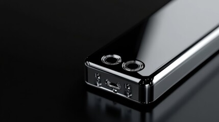 A metallic silver battery mockup with minimalistic details on a black background