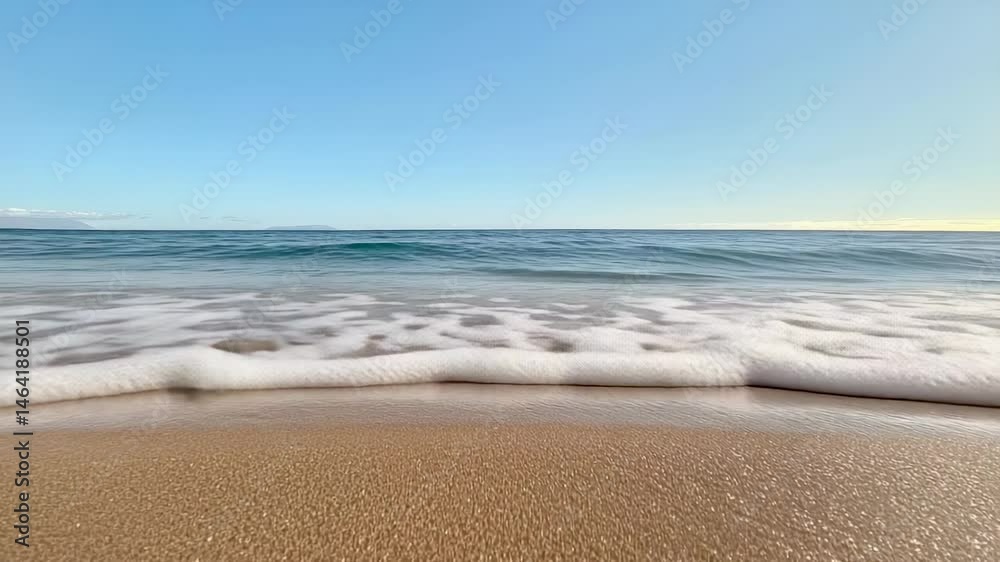 Poster soft waves gently rolling onto a sandy beach on a bright sunny day, creating a serene and peaceful a