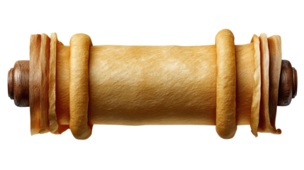 Ancient Scroll: A weathered parchment scroll, meticulously rolled and secured with wooden dowels, evokes a sense of age-old wisdom and untold stories.
