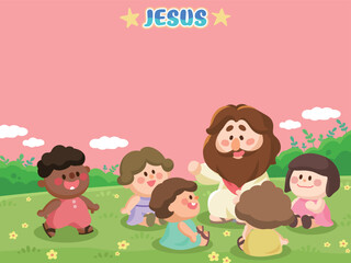 Cartoon Jesus Teaching Children in Nature – Cute Sunday School Illustration 4X3