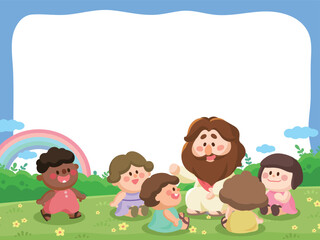 Cartoon Jesus Teaching Children in Nature – Cute Sunday School Illustration with blank space for text 4X3