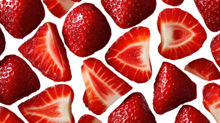 Delectable Strawberry Slices: A captivating display of fresh, ripe strawberries meticulously sliced to reveal their succulent inner texture and vibrant red color, creating a visually enticing pattern.