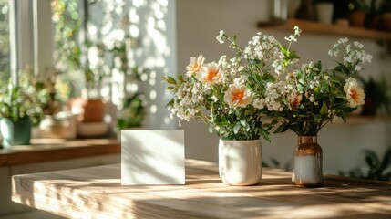 A beautiful display of flowers in two elegant vases beside a blank card, set in a sunlit room filled with greenery, creating a serene and inviting atmosphere.