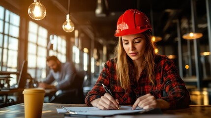 A focused woman in a red hard hat is drafting plans at a modern workspace, illustrating the blend of engineering and creativity in urban construction environments.