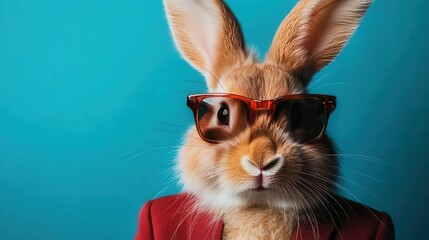 A whimsical rabbit dressed in sunglasses and a stylish blazer embodies fun and creativity, capturing the essence of joy and playfulness in a unique artistic portrayal.