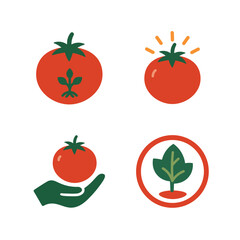 A flat, modern vector icon set featuring organic tomatoes and plant symbols in a minimal, clean design.