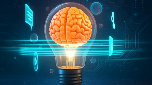 Artificial intelligence concept with glowing brain inside light bulb and digital technology elements on dark background

