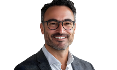 Portrait of a handsome, smiling businessman wearing glasses, isolated on transparent background, cut out