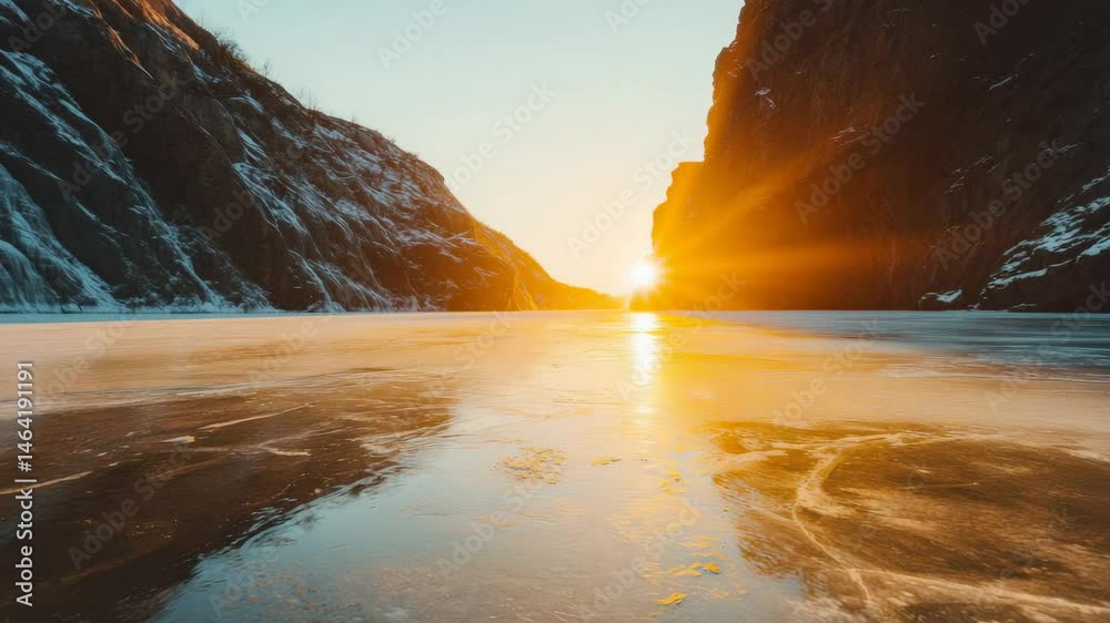 Poster frozen lake reflecting the warm light of the setting sun, creating a beautiful contrast with the col