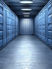Corridor of blue storage containers.  Rows of metal