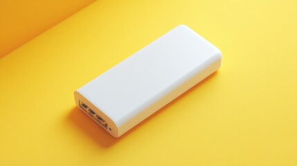 A minimalist white rechargeable battery mockup on a pastel yellow background