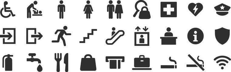 Public space wayfinding glyph icon set. Vector pictograms of navigation, emergency, escalator, elevator, stairs, info desk, extinguisher, food court, black sign silhouette illustration.