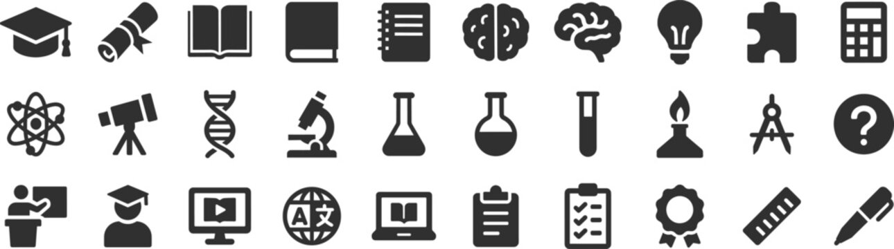 Education and science glyph icon set. Vector pictograms of atom, microscope, test tube, flask, telescope, dna, laptop, checklist, clipboard, black sign silhouette illustration.
