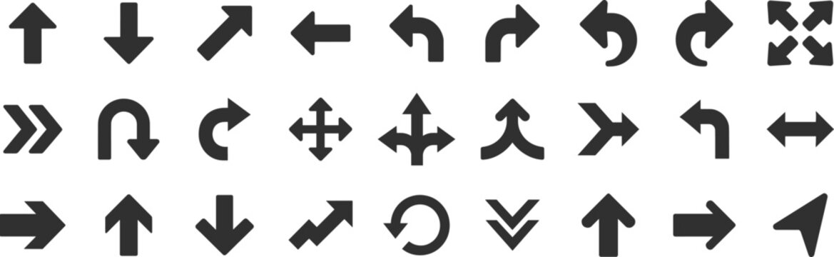 Arrows glyph icon set. Vector pictograms of direction, move, pointer, rotate, turn, return, expand, merge, diverge, black sign silhouette illustration.