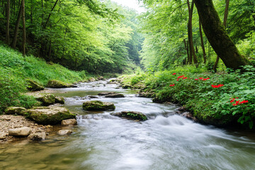 Obraz premium Crystal-clear mountain stream flows over smooth rocks amid lush greenery and vibrant wildflowers