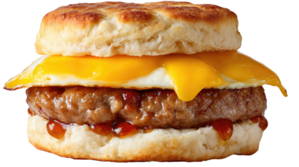 Savory Breakfast Biscuit: A mouthwatering close-up shot of a breakfast biscuit sandwich featuring a juicy sausage patty, a fried egg, and melted cheddar cheese.