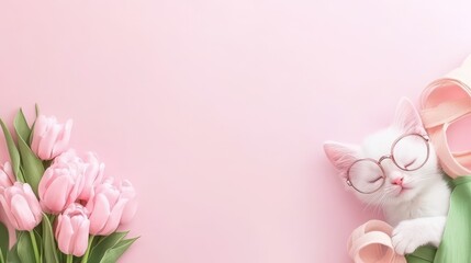 Fototapeta premium Dreamy Kitten Serenity: A whimsical, pastel-toned image features a serene white kitten wearing spectacles, nestled beside delicate pink tulips and slippers.