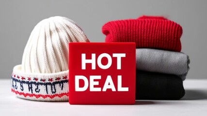 Hot deal winter hat knitwear sweater wool red white gray cozy sale discount warm clothing stack fashion seasonal promotion shopping advertisement red