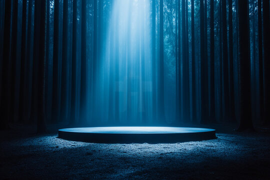 Dark forest illuminated by a mystical fairy circle with ethereal light in the heart of an enchanting glade