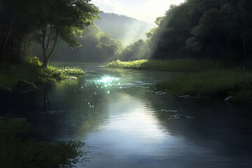 Fototapeta premium Mysterious glowing will-o-the-wisp illuminating a dark forest river at twilight