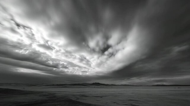 Moody black and white timelapse of dramatic storm clouds rolling across an open landscape, perfect for cinematic, emotional, or weather-related content.


