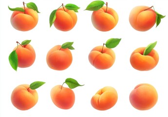 Assorted Fresh Apricots with Green Leaves on White Background