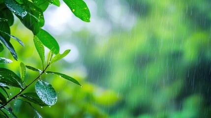 Lush green leaves glisten du heavy rainfall, providing a refreshing powerpoint background with copy space.