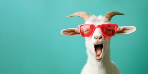 Funny animal photography - Close-up of cute screaming goat with open mouth and sunglasses, isolated on blue background