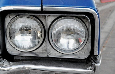 Vintage Car Headlights Classic Chrome Close Up Front Blue Color Retro Design Transportation Detail