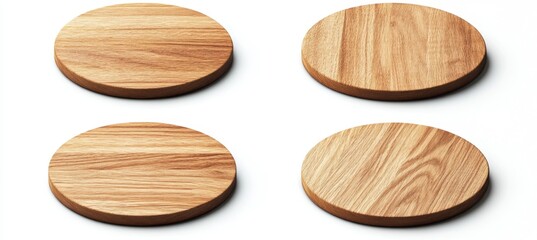 Four Wooden Round Boards on White Background for Culinary Use