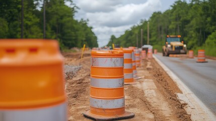 Orange construction barrels line a rural road under repair, with machinery in the background and trees on both sides.