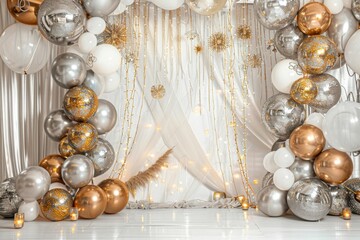 Obraz premium Elegant party backdrop with silver and gold balloons and decor