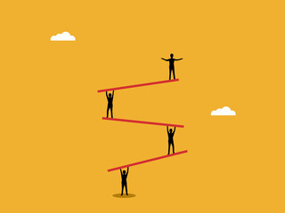 Workplace class, business people on a balance of levels with the boss at the top.