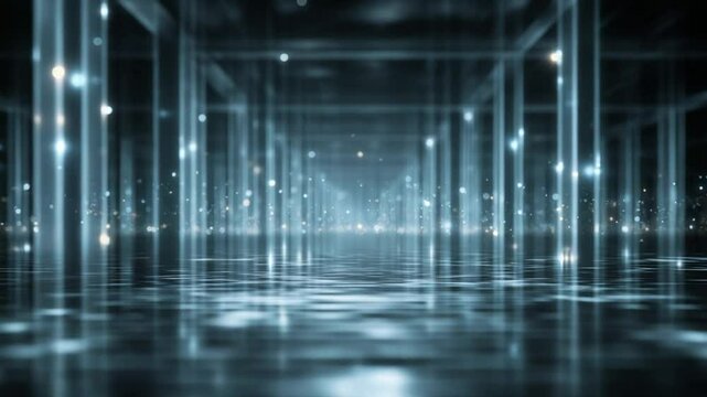 Futuristic abstract scene with illuminated columns reflecting on a tranquil surface
