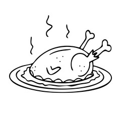 Roasted chicken doodle, served dish drawing and decorative design element for restaurant menus, advertises, websites. Vector illustration.