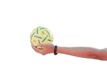 Isolated sepak takraw holding in hand with clipping paths.