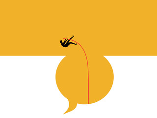 Businessman jumps over speech bubble gap with pole