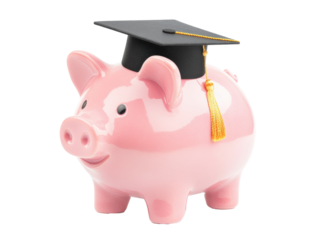Savings plan for education with piggy bank and graduation cap on a transparent background, cut out