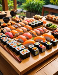 various types of sushi are placed on a wooden table